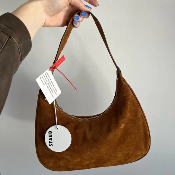 STAUD Cognac Suede Shoulder Bag with Gold Hardware - Picture 2 of 6